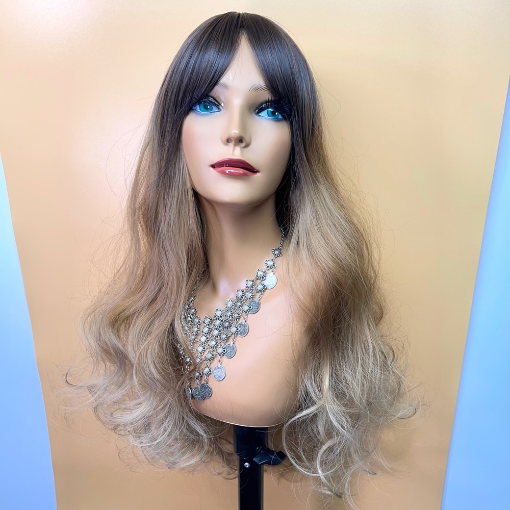 24” Ombre black brown long Loose Wave Bangs Synthetic Wig